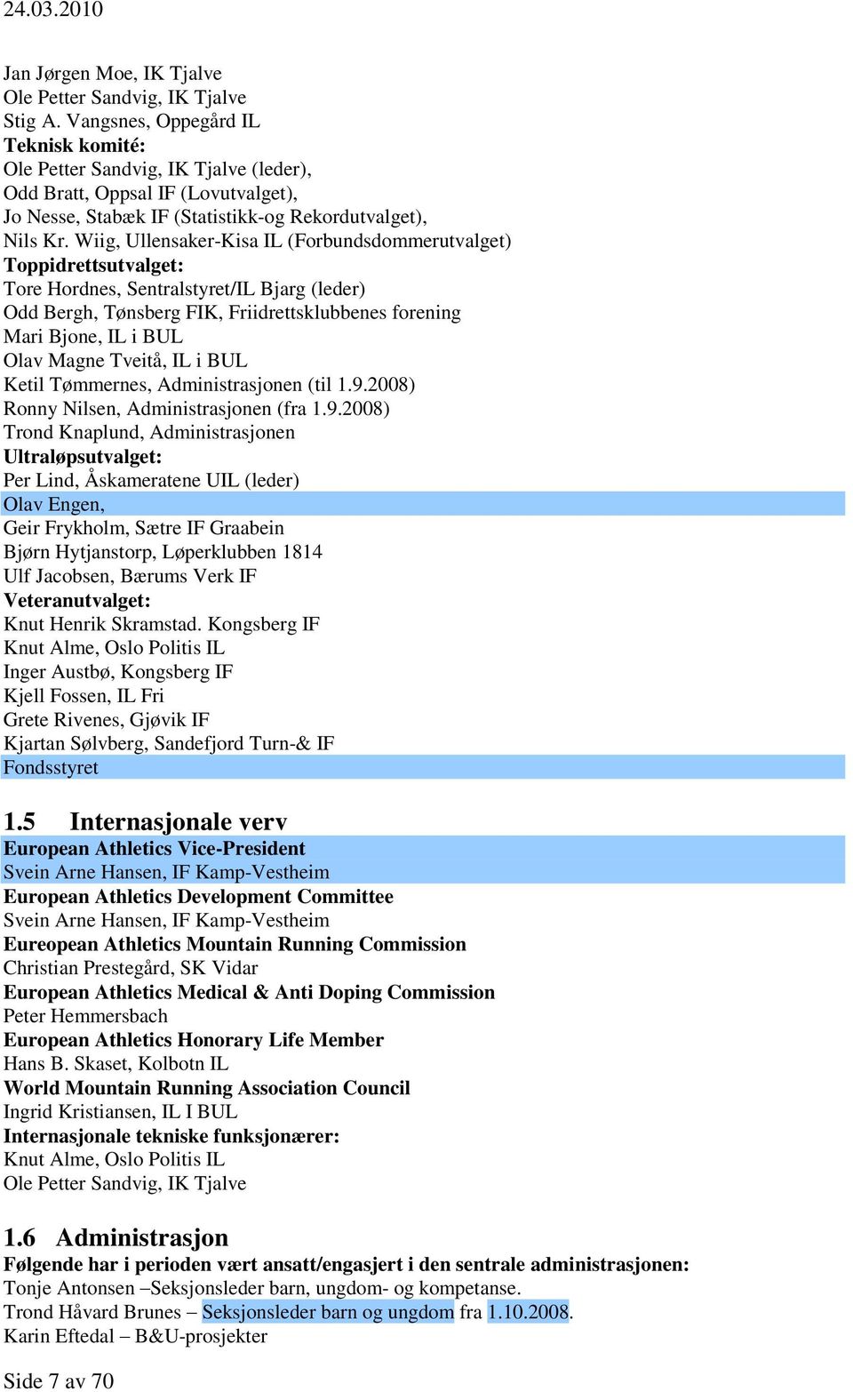 Wiig, Ullensaker-Kisa IL (Forbundsdommerutvalget) Toppidrettsutvalget: Tore Hordnes, Sentralstyret/IL Bjarg (leder) Odd Bergh, Tønsberg FIK, Friidrettsklubbenes forening Mari Bjone, IL i BUL Olav