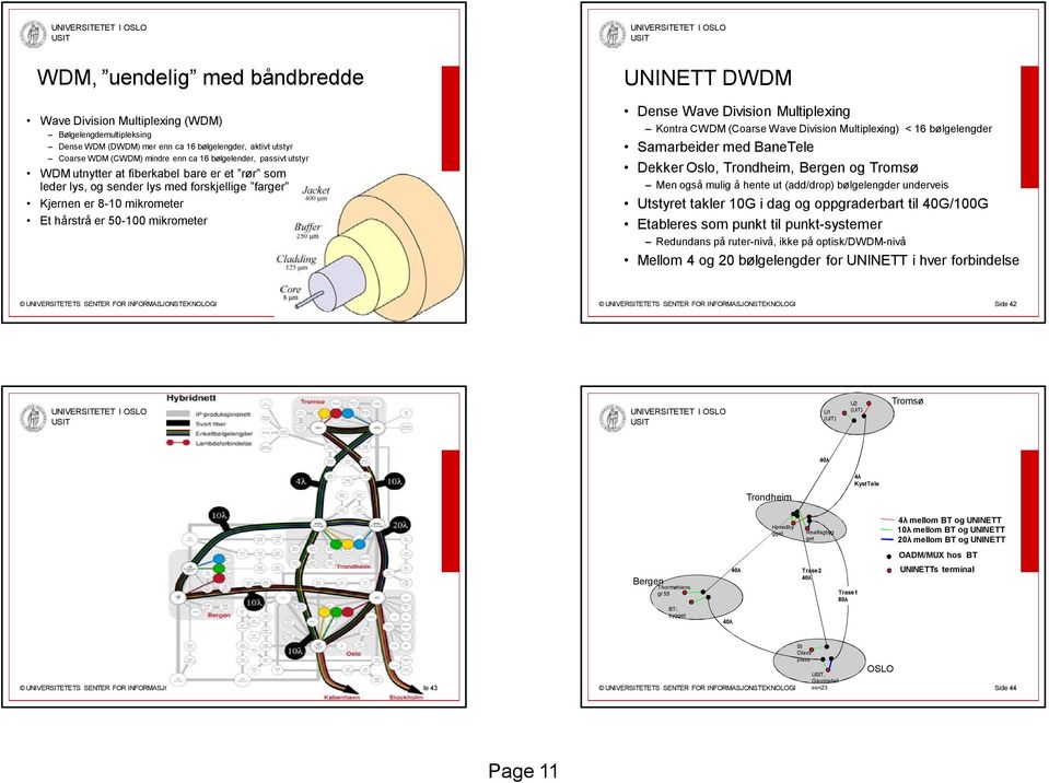 Division Multiplexing Kontra CWDM (Coarse Wave Division Multiplexing) < 16 bølgelengder Samarbeider med BaneTele Dekker Oslo, Trondheim, Bergen og Tromsø Men også mulig å hente ut (add/drop)