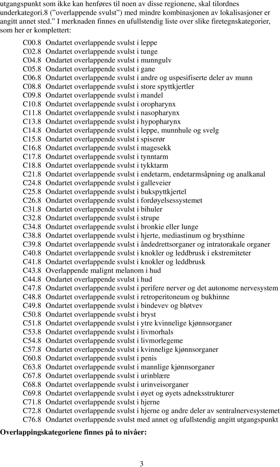 8 Ondartet overlappende svulst i munngulv C05.8 Ondartet overlappende svulst i gane C06.8 Ondartet overlappende svulst i andre og uspesifiserte deler av munn C08.