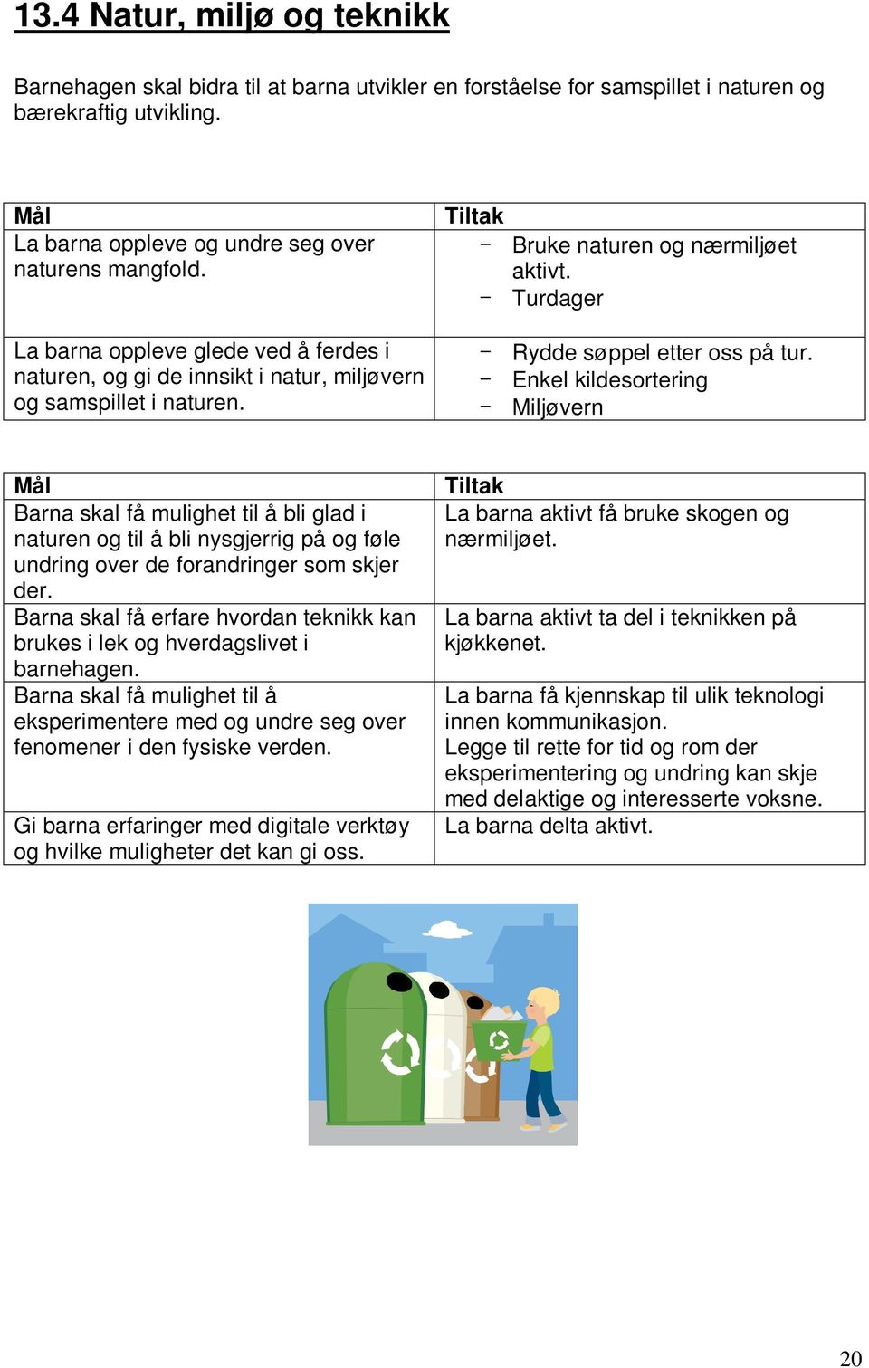 - Enkel kildesortering - Miljøvern Mål Barna skal få mulighet til å bli glad i naturen og til å bli nysgjerrig på og føle undring over de forandringer som skjer der.