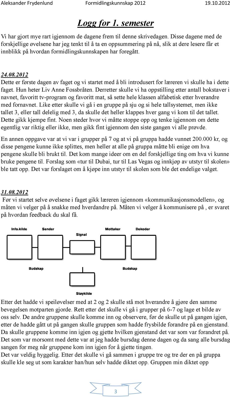 2012 Dette er første dagen av faget og vi startet med å bli introdusert for læreren vi skulle ha i dette faget. Hun heter Liv Anne Fossbråten.