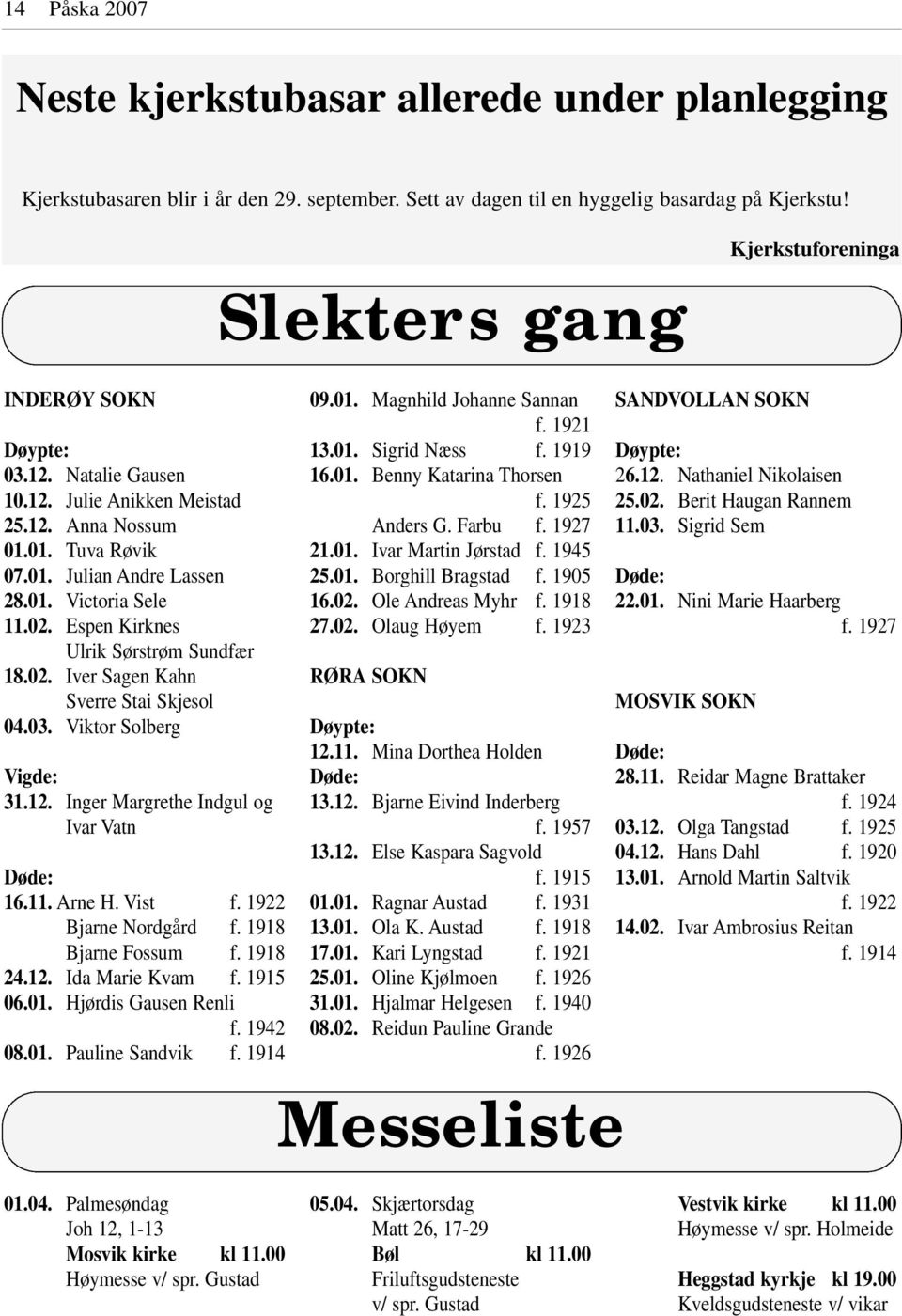 Espen Kirknes Ulrik Sørstrøm Sundfær 18.02. Iver Sagen Kahn Sverre Stai Skjesol 04.03. Viktor Solberg Vigde: 31.12. Inger Margrethe Indgul og Ivar Vatn Døde: 16.11. Arne H. Vist f.