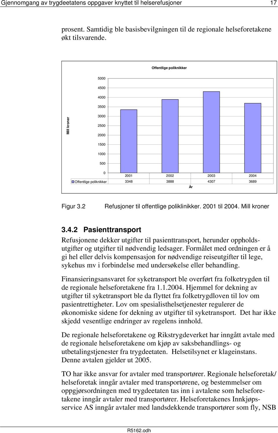 2 Refusjoner til offentlige poliklinikker. 2001 til 2004. Mill kroner 3.4.2 Pasienttransport Refusjonene dekker utgifter til pasienttransport, herunder oppholdsutgifter og utgifter til nødvendig ledsager.