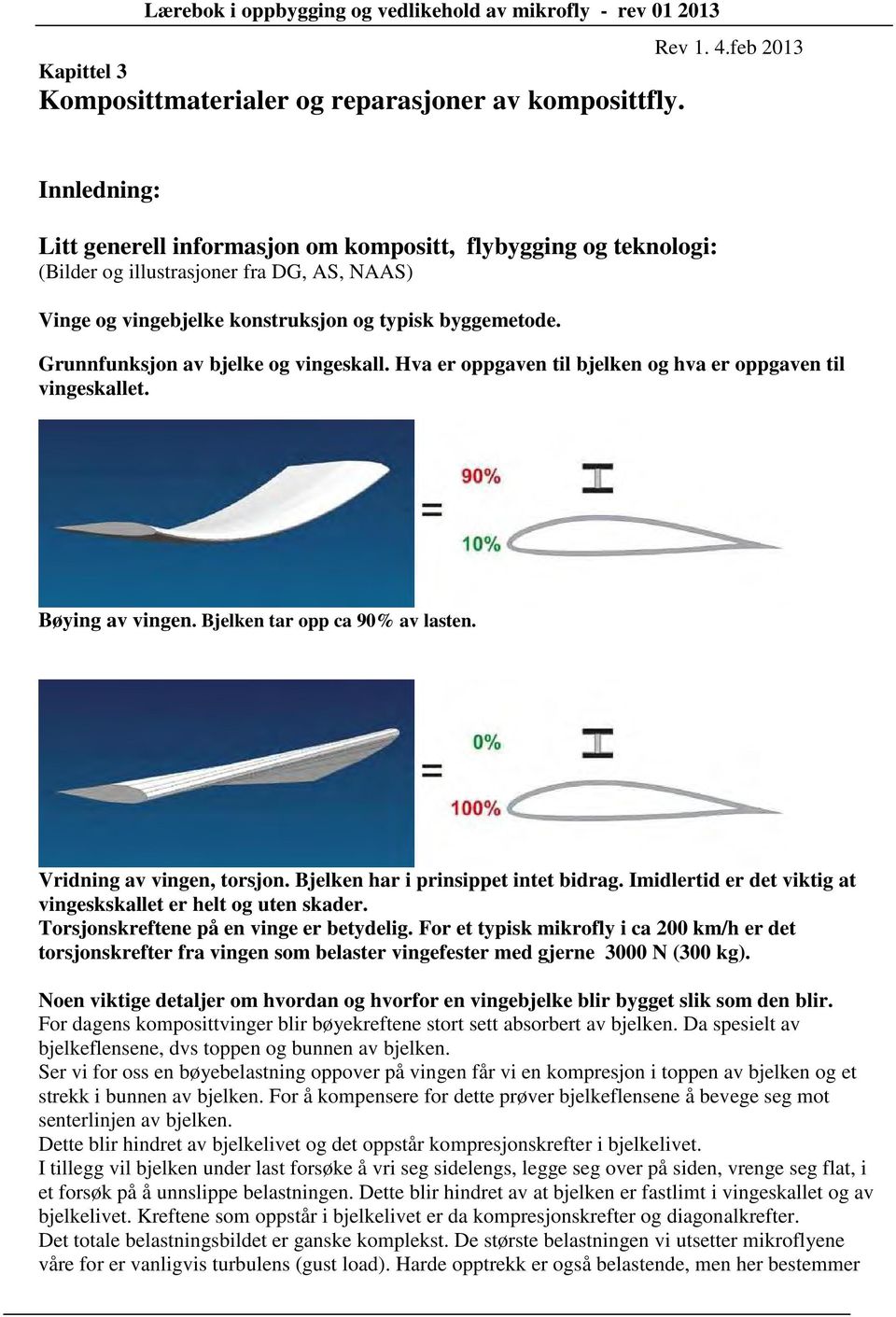 Grunnfunksjon av bjelke og vingeskall. Hva er oppgaven til bjelken og hva er oppgaven til vingeskallet. Bøying av vingen. Bjelken tar opp ca 90% av lasten. Vridning av vingen, torsjon.