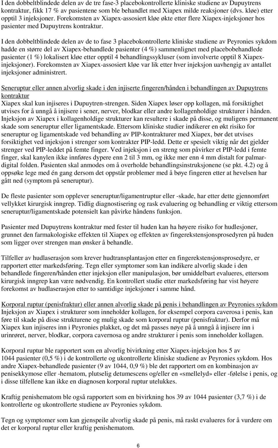 I den dobbeltblindede delen av de to fase 3 placebokontrollerte kliniske studiene av Peyronies sykdom hadde en større del av Xiapex-behandlede pasienter (4 %) sammenlignet med placebobehandlede