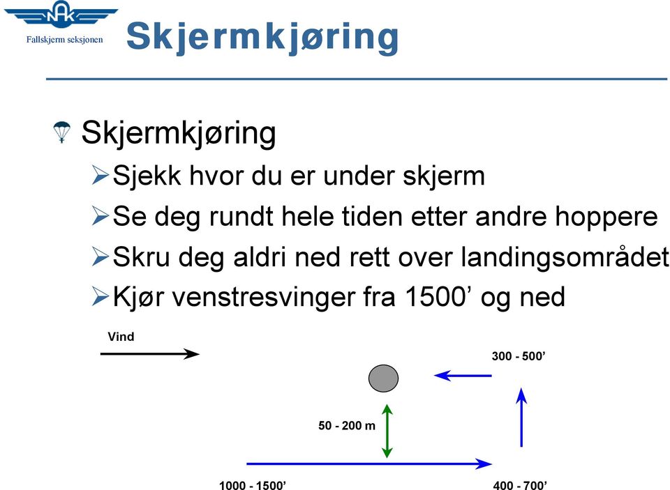 deg aldri ned rett over landingsområdet Kjør