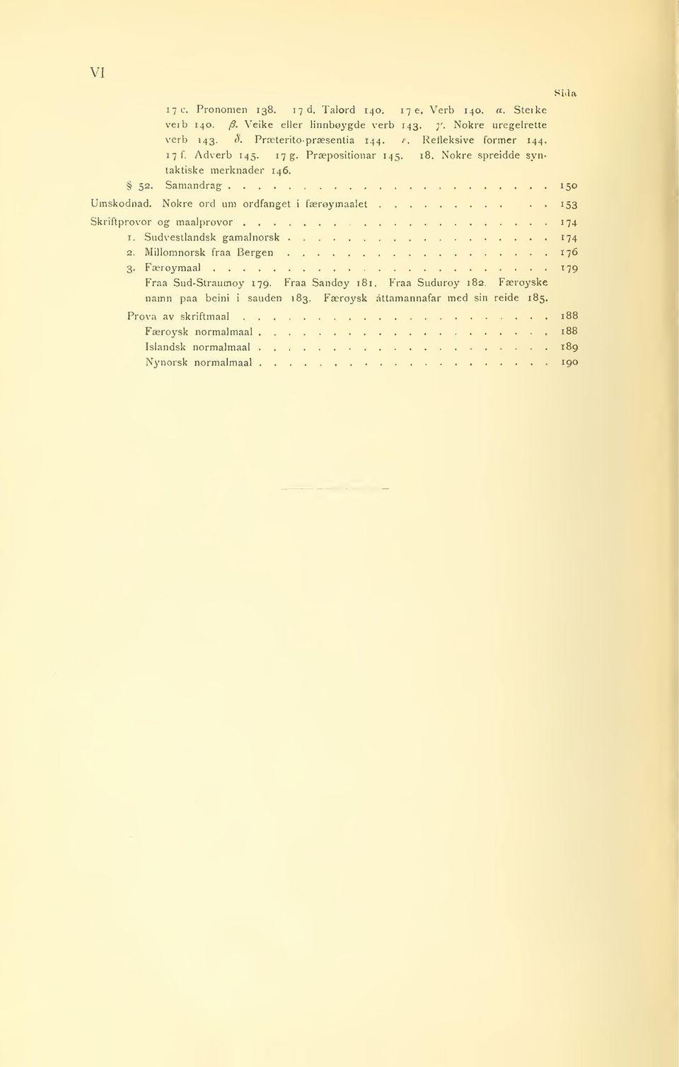 Nokre ord um ordfanget i færøymaalet. 153 Skriftprøvor og maalprøvor 174 1. Sudvestlandsk gamainorsk 174 2. Millomnorsk fraa Bergen 176 3. Færøymaal 179 P"raa Sud-Straumøy 179.