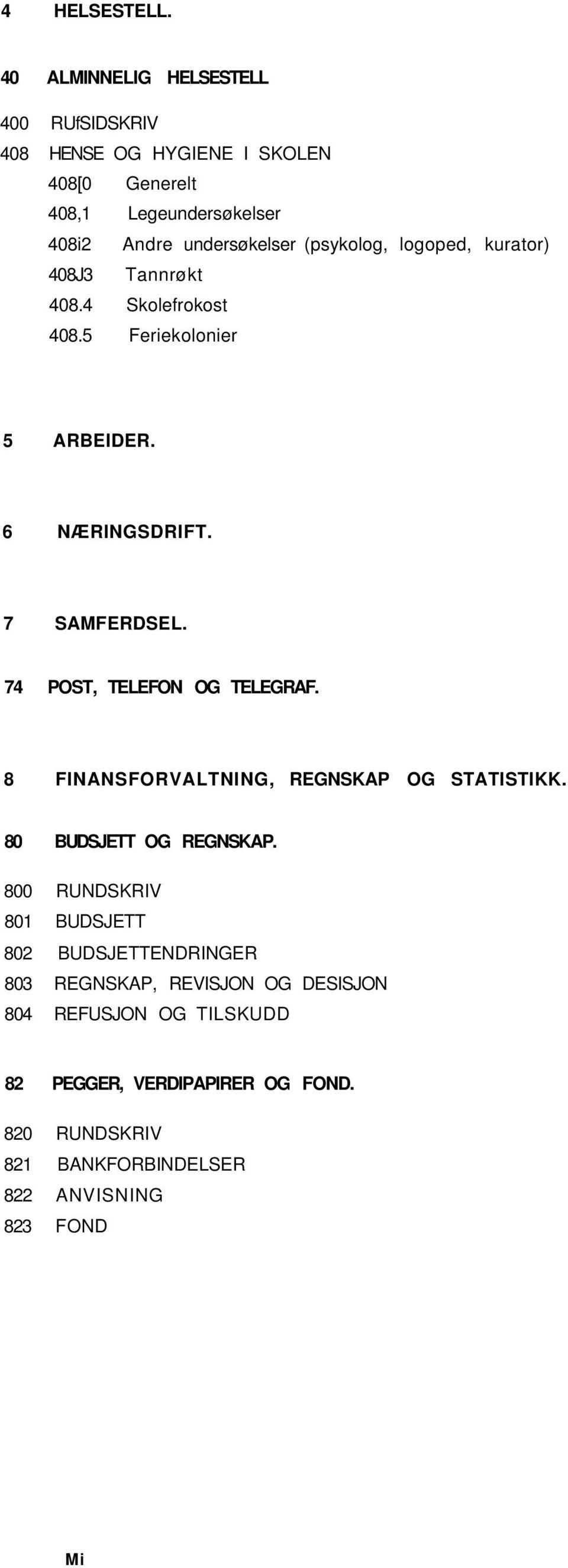 (psykolog, logoped, kurator) 408J3 Tannrøkt 408.4 Skolefrokost 408.5 Feriekolonier 5 ARBEIDER. 6 NÆRINGSDRIFT. 7 SAMFERDSEL.