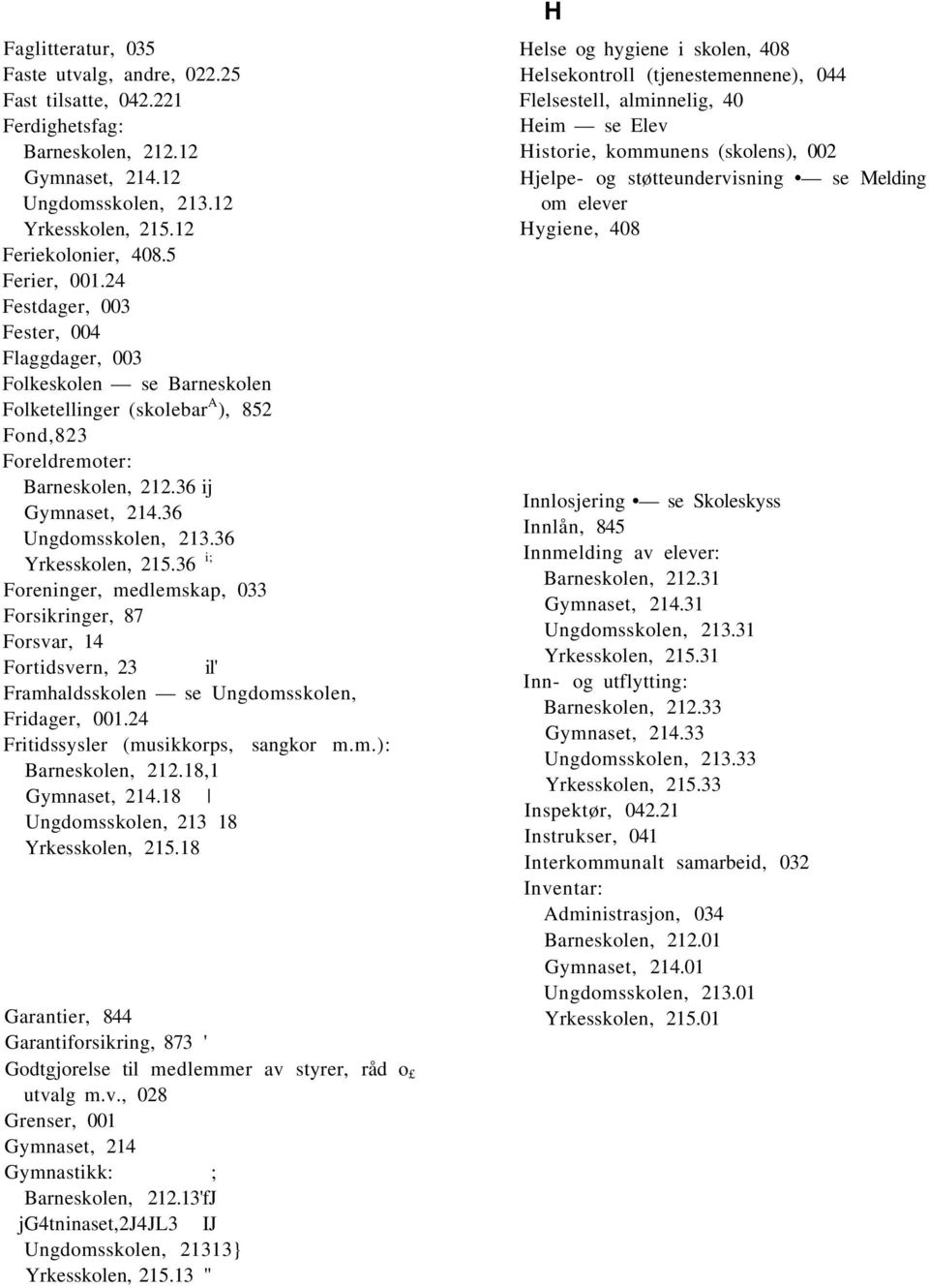 36 Yrkesskolen, 215.36 i; Foreninger, medlemskap, 033 Forsikringer, 87 Forsvar, 14 Fortidsvern, 23 il' Framhaldsskolen se Ungdomsskolen, Fridager, 001.24 Fritidssysler (musikkorps, sangkor m.m.): Barneskolen, 212.