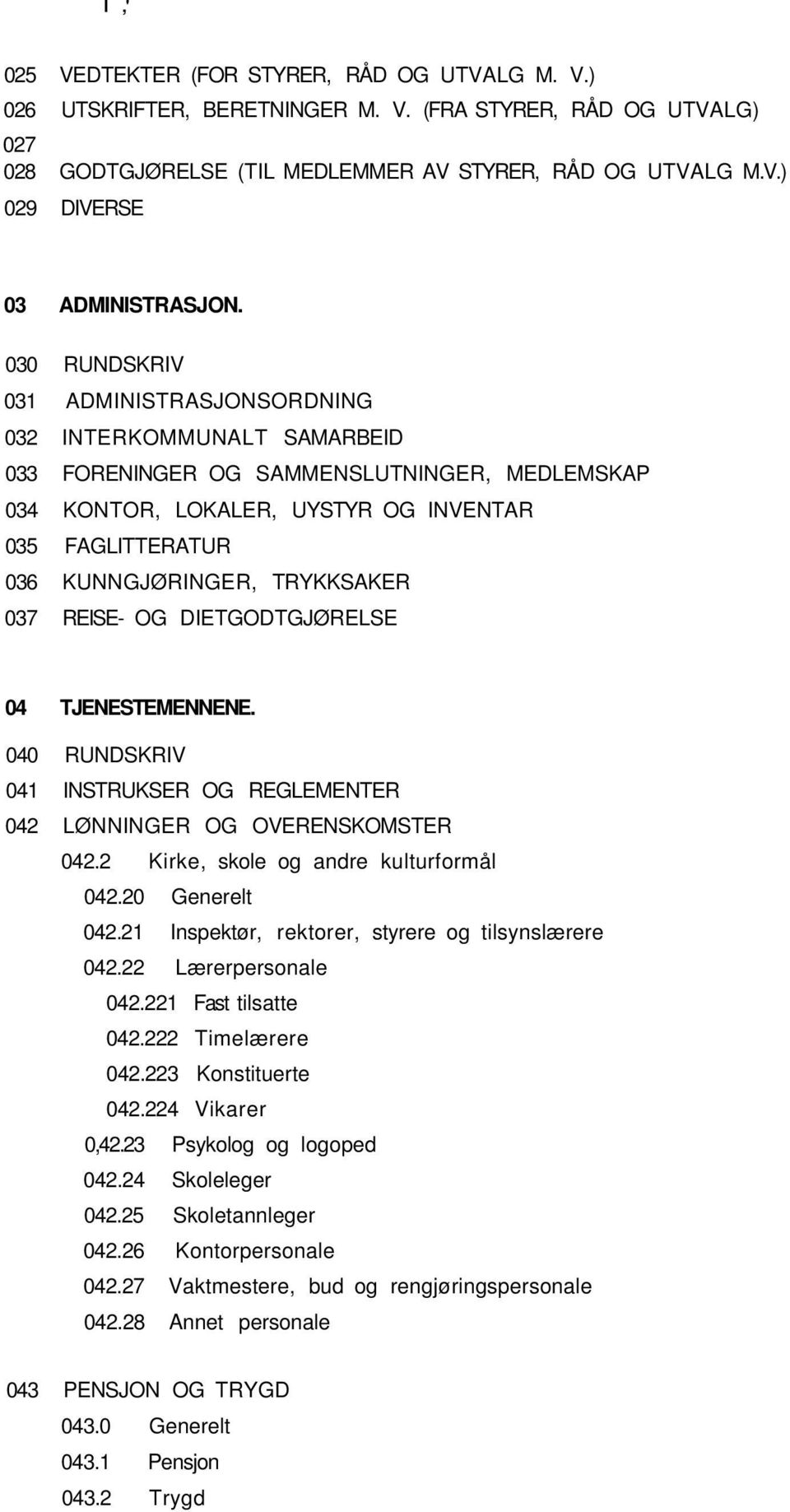 TRYKKSAKER 037 REISE- OG DIETGODTGJØRELSE 04 TJENESTEMENNENE. 040 RUNDSKRIV 041 INSTRUKSER OG REGLEMENTER 042 LØNNINGER OG OVERENSKOMSTER 042.2 Kirke, skole og andre kulturformål 042.20 Generelt 042.