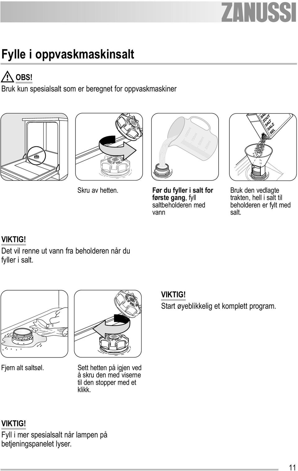 fylt med salt. Det vil renne ut vann fra beholderen når du fyller i salt. Start øyeblikkelig et komplett program.