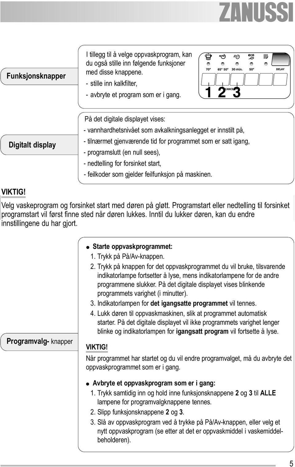 sees), - nedtelling for forsinket start, - feilkoder som gjelder feilfunksjon på maskinen. Velg vaskeprogram og forsinket start med døren på gløtt.