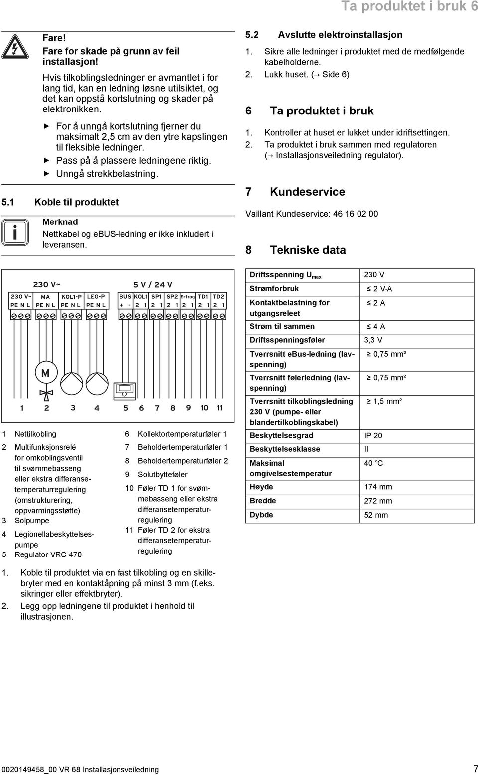 For å unngå kortslutning fjerner du maksimalt 2,5 cm av den ytre kapslingen til fleksible ledninger. Pass på å plassere ledningene riktig. Unngå strekkbelastning. 5.