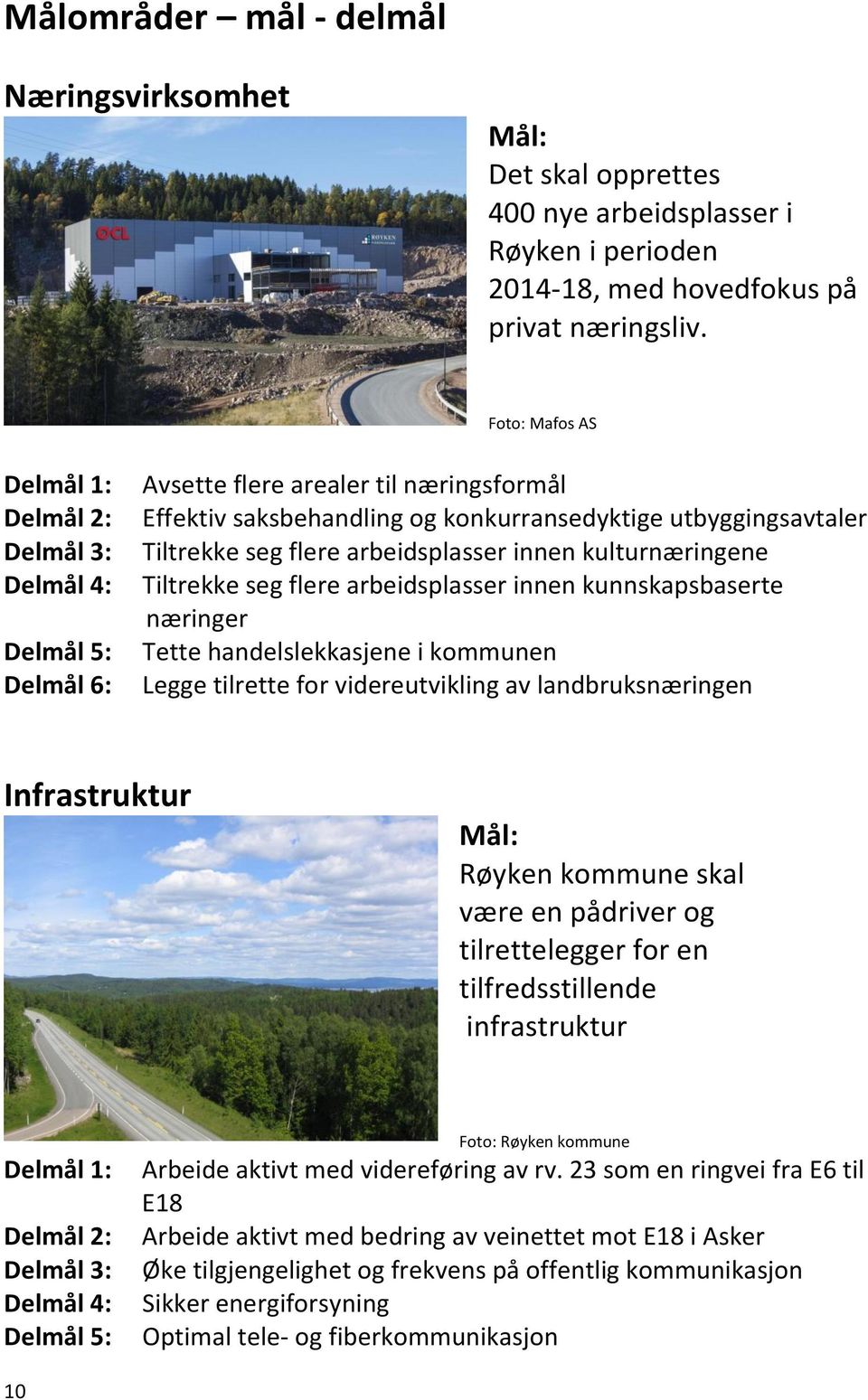 kulturnæringene Tiltrekke seg flere arbeidsplasser innen kunnskapsbaserte næringer Tette handelslekkasjene i kommunen Legge tilrette for videreutvikling av landbruksnæringen Infrastruktur Røyken