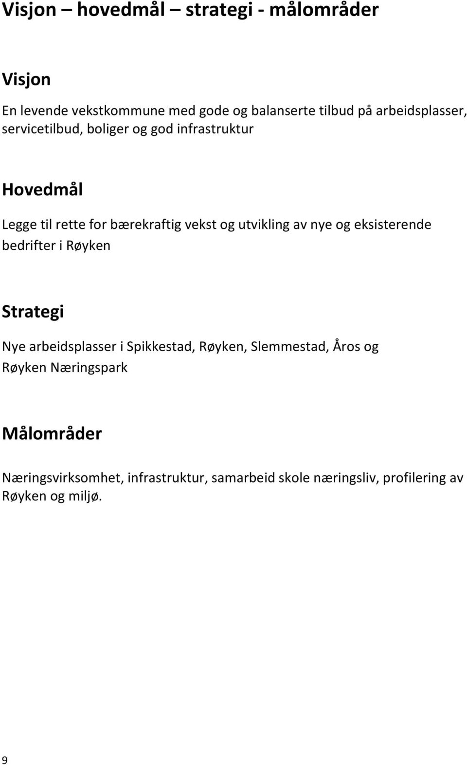 utvikling av nye og eksisterende bedrifter i Røyken Strategi Nye arbeidsplasser i Spikkestad, Røyken, Slemmestad,