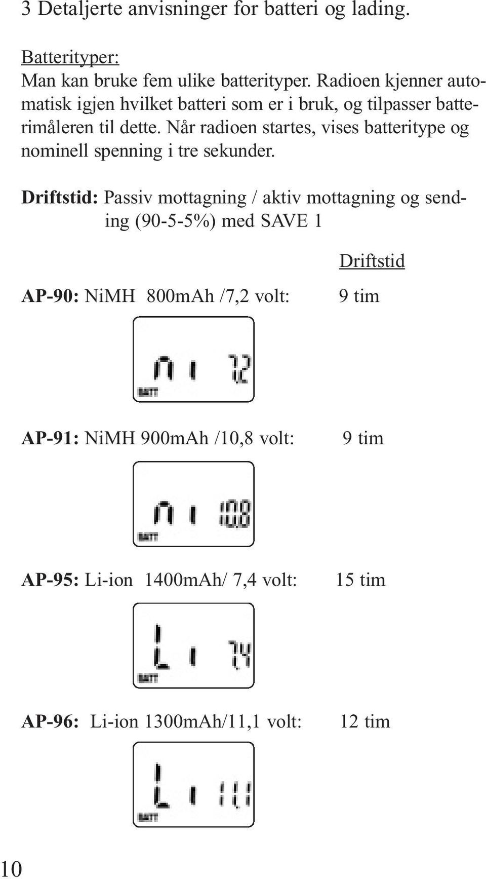 Når radioen startes, vises batteritype og nominell spenning i tre sekunder.