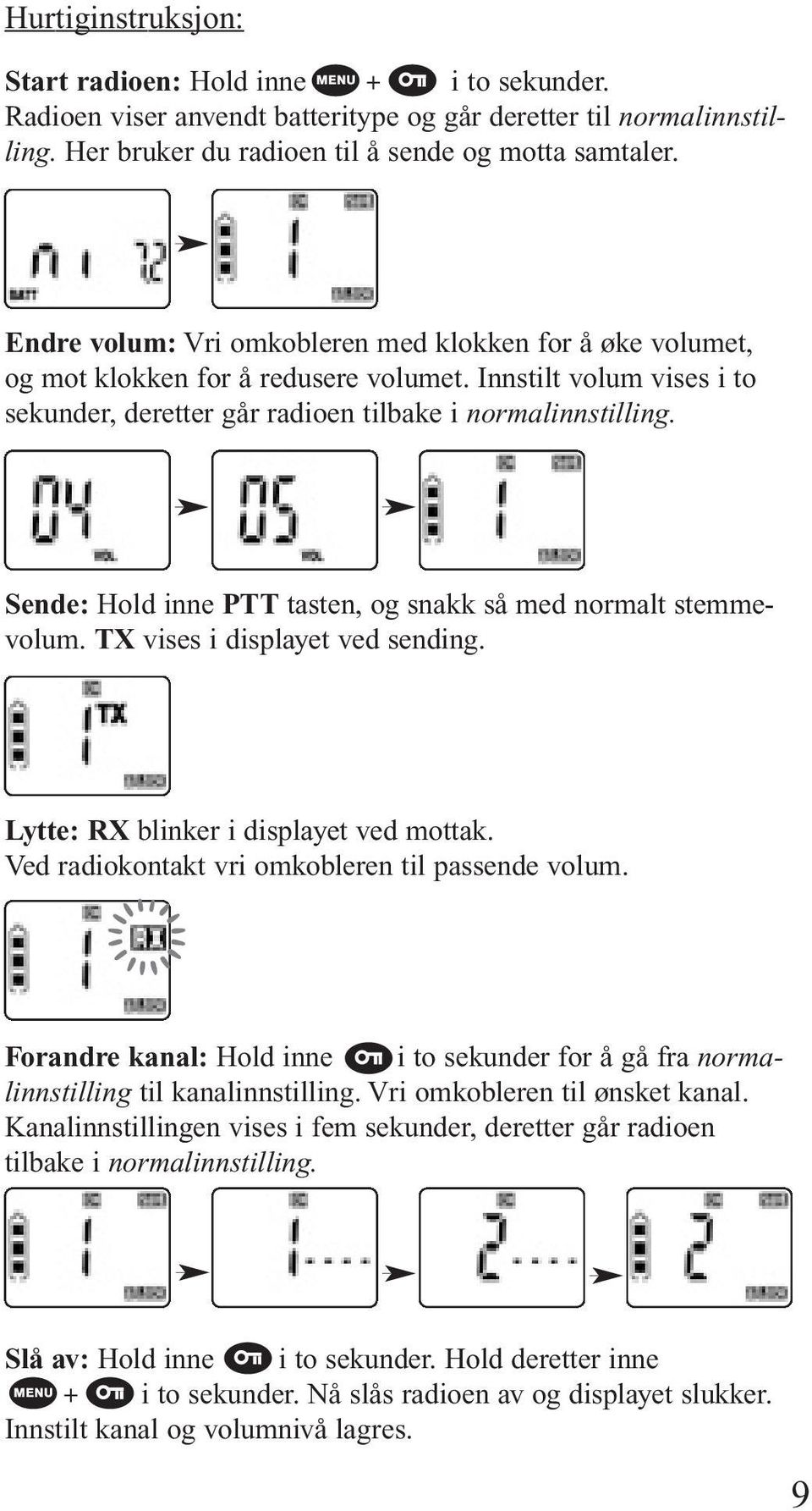 Sende: Hold inne PTT tasten, og snakk så med normalt stemmevolum. TX vises i displayet ved sending. Lytte: RX blinker i displayet ved mottak. Ved radiokontakt vri omkobleren til passende volum.