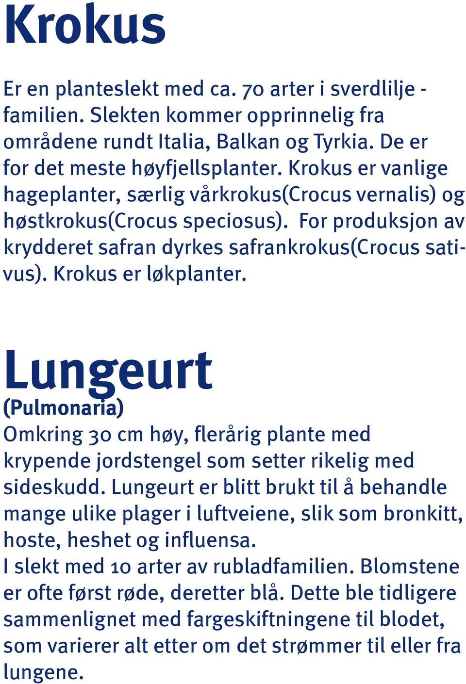 Lungeurt (Pulmonaria) Omkring 30 cm høy, flerårig plante med krypende jordstengel som setter rikelig med sideskudd.