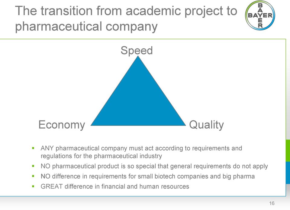 industry NO pharmaceutical product is so special that general requirements do not apply NO