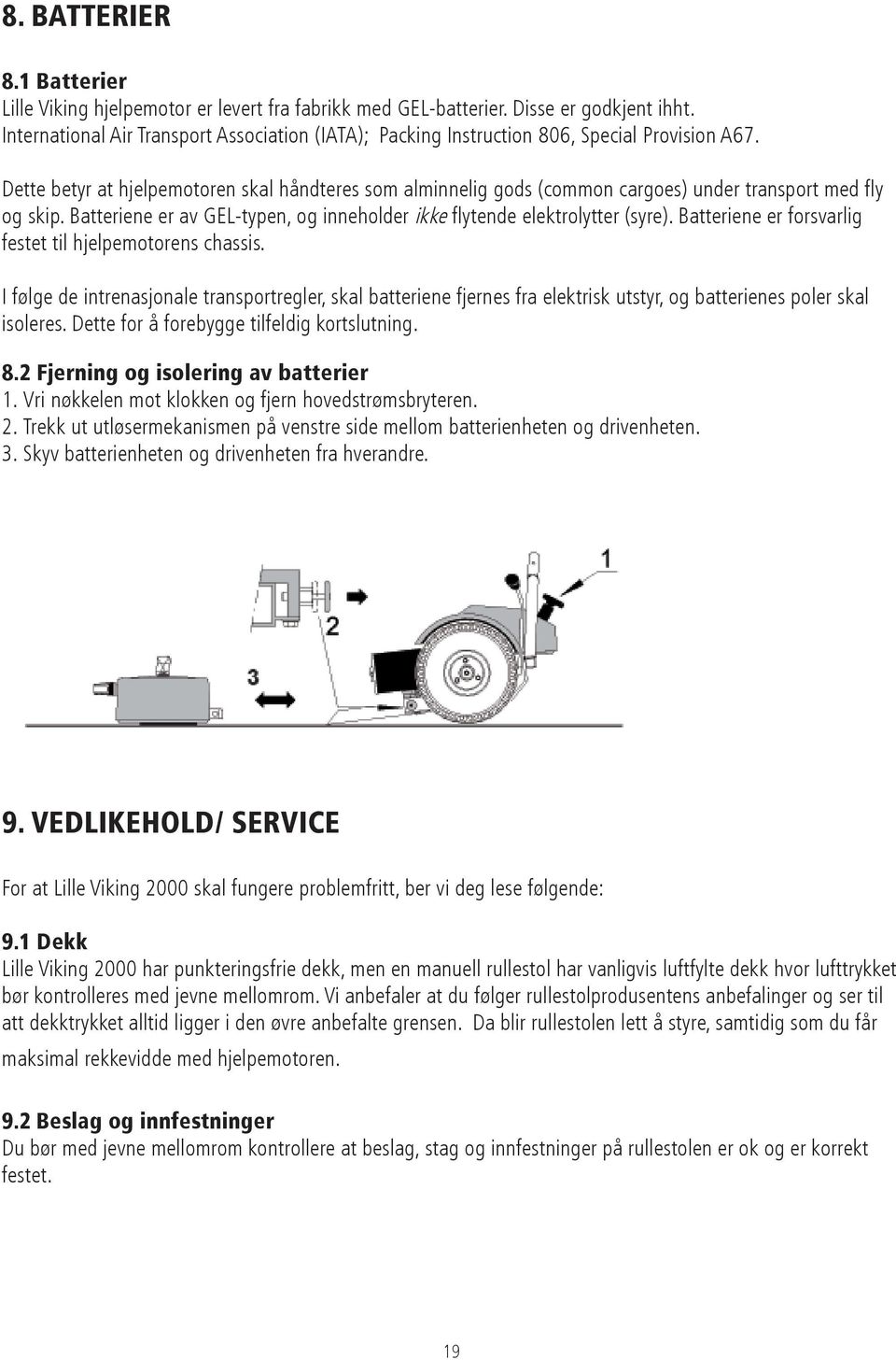 Dette betyr at hjelpemotoren skal håndteres som alminnelig gods (common cargoes) under transport med fly og skip. Batteriene er av GEL-typen, og inneholder ikke flytende elektrolytter (syre).