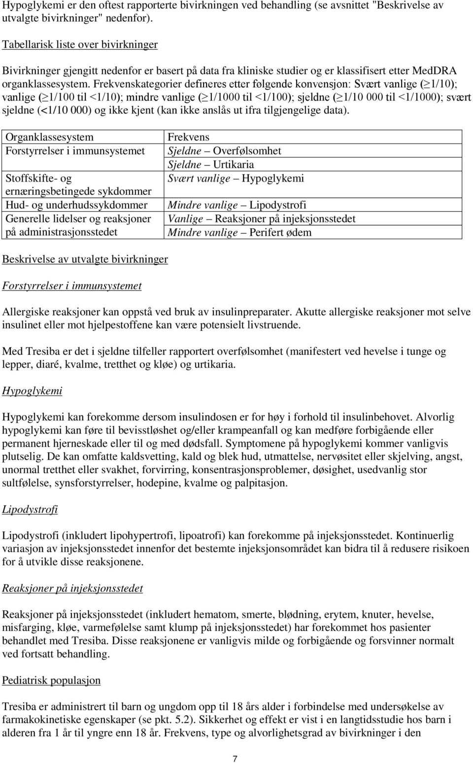 Frekvenskategorier defineres etter følgende konvensjon: Svært vanlige ( 1/10); vanlige ( 1/100 til <1/10); mindre vanlige ( 1/1000 til <1/100); sjeldne ( 1/10 000 til <1/1000); svært sjeldne (<1/10