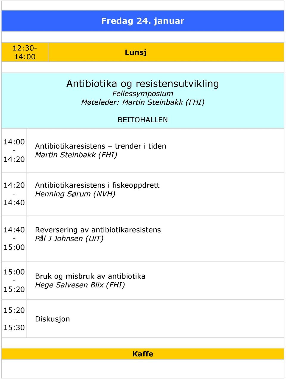 (FHI) 14:00 14:20 Antibiotikaresistens trender i tiden Martin Steinbakk (FHI) 14:20 14:40