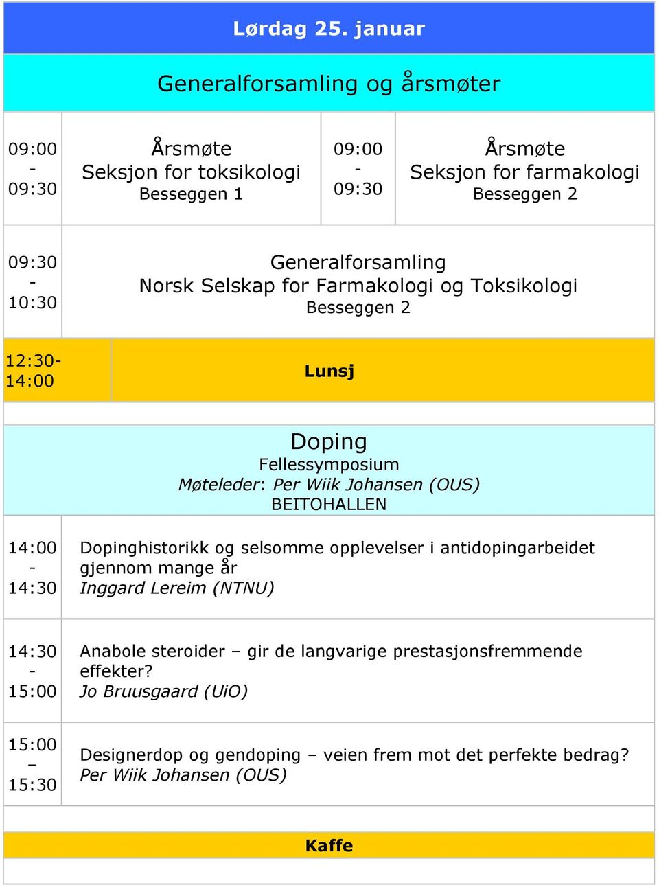 Generalforsamling Norsk Selskap for Farmakologi og Toksikologi 12:30 14:00 Lunsj Doping Fellessymposium Møteleder: Per Wiik Johansen (OUS) 14:00