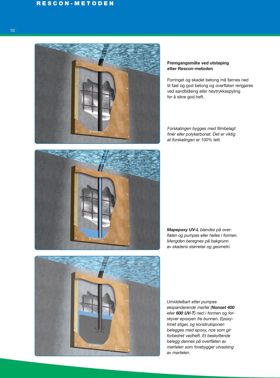 Mapepoxy UV-L blandes på overflaten og pumpes eller helles i formen. Mengden beregnes på bakgrunn av skadens størrelse og geometri.