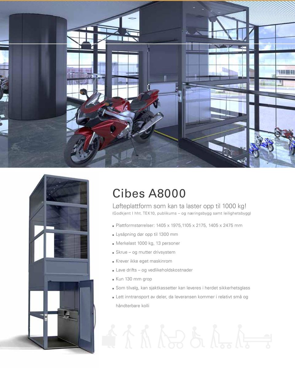 opp til 1300 mm Merkelast 1000 kg, 13 persoer Skrue og mutter drivsystem Krever ikke eget maskirom Lave drifts og