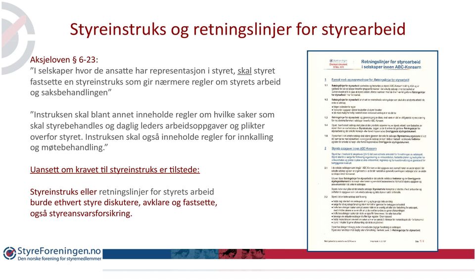 styrebehandles og daglig leders arbeidsoppgaver og plikter overfor styret. Instruksen skal også inneholde regler for innkalling og møtebehandling.