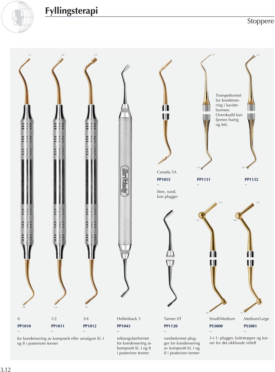 1 0 1/2 3/4 Hollenback 3 Tanner 0T Small/Medium Medium/Large PP1010 PP1011 PP1012 PP1043 PP1120 PS3000 PS3001 for kondensering av kompositt eller amalgam kl.