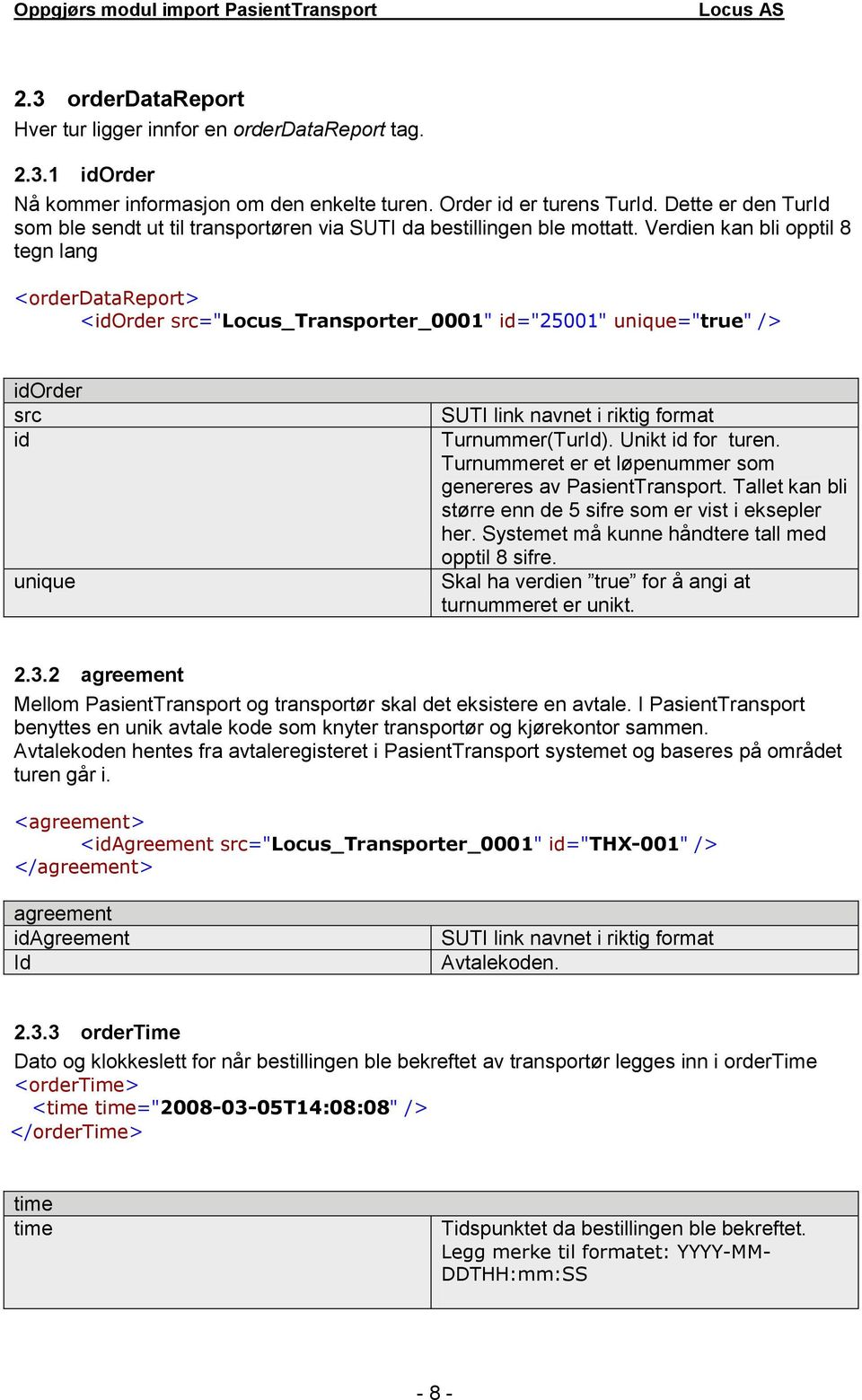 Verdien kan bli opptil 8 tegn lang <orderdatareport> <Order src="locus_transporter_0001" ="25001" unique="true" /> Order src unique SUTI link navnet i riktig format Turnummer(TurId). Unikt for turen.