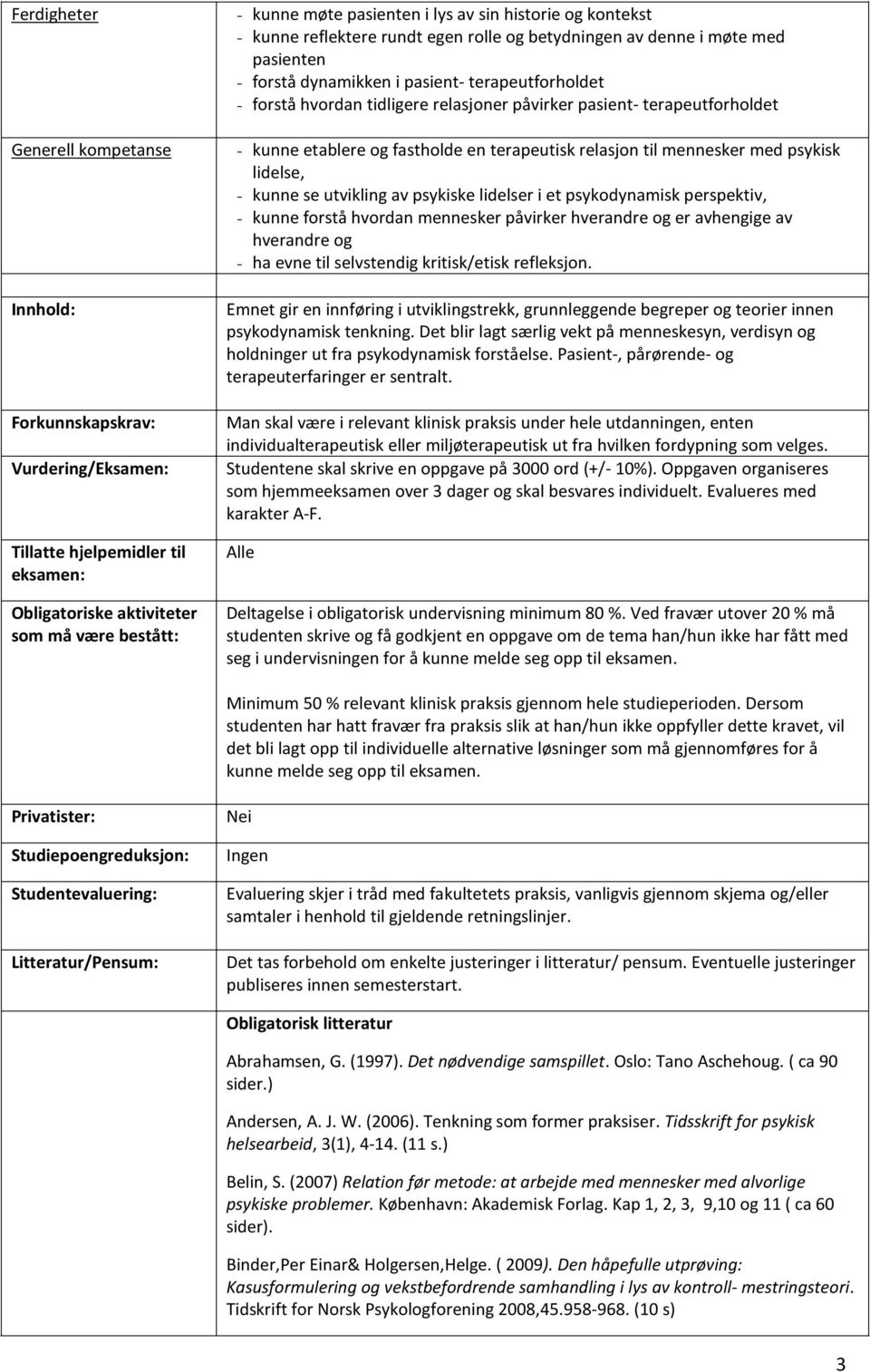 pasient- terapeutforholdet - kunne etablere og fastholde en terapeutisk relasjon til mennesker med psykisk lidelse, - kunne se utvikling av psykiske lidelser i et psykodynamisk perspektiv, - kunne