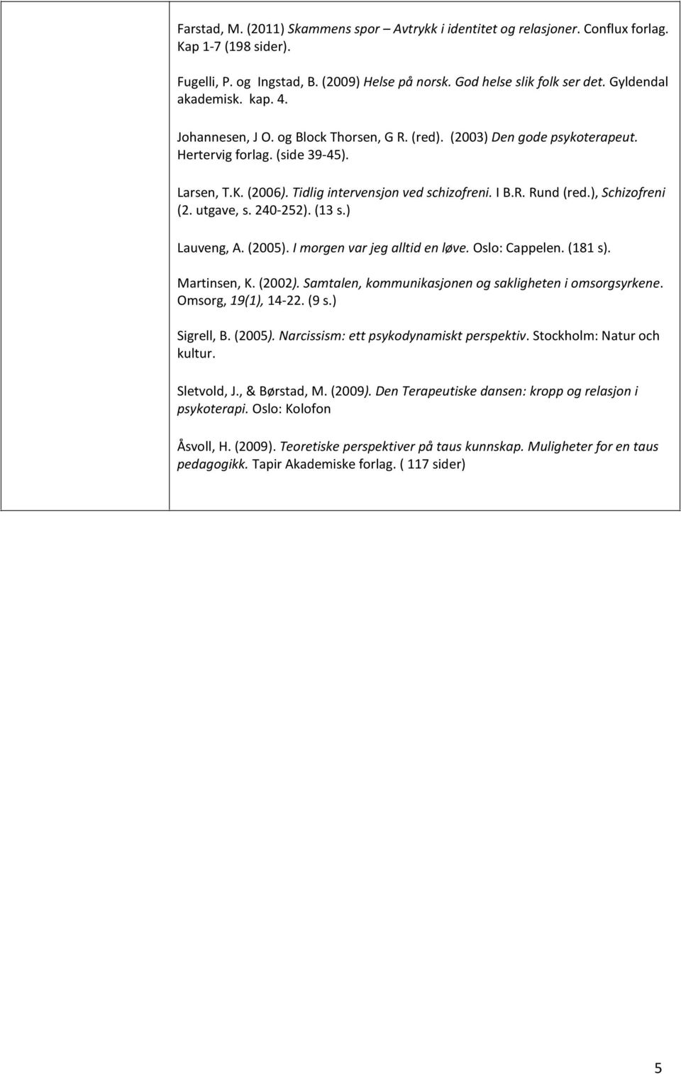 I B.R. Rund (red.), Schizofreni (2. utgave, s. 240-252). (13 s.) Lauveng, A. (2005). I morgen var jeg alltid en løve. Oslo: Cappelen. (181 s). Martinsen, K. (2002).