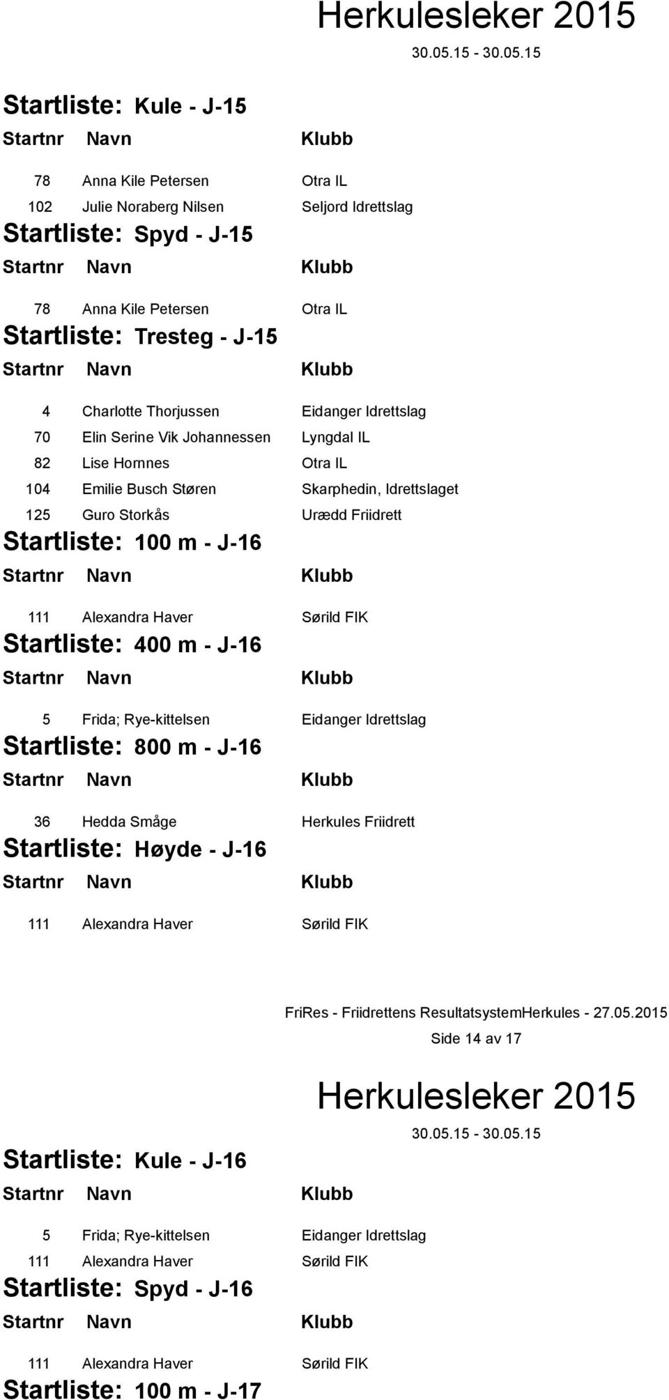 J-16 111 Alexandra Haver Sørild FIK Startliste: 400 m - J-16 5 Frida; Rye-kittelsen Eidanger Idrettslag Startliste: 800 m - J-16 36 Hedda Småge Herkules Friidrett Startliste: Høyde - J-16 111