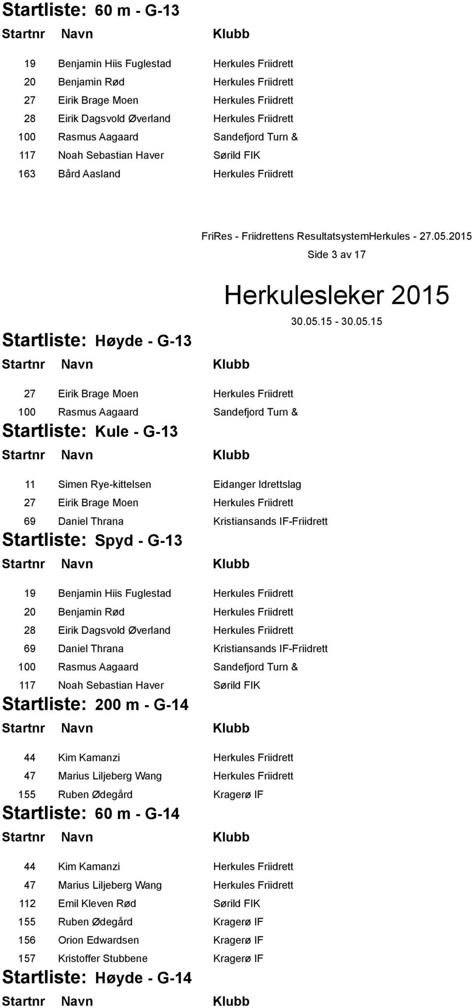 Turn & Startliste: Kule - G-13 11 Simen Rye-kittelsen Eidanger Idrettslag 27 Eirik Brage Moen Herkules Friidrett 69 Daniel Thrana Kristiansands IF-Friidrett Startliste: Spyd - G-13 19 Benjamin Hiis