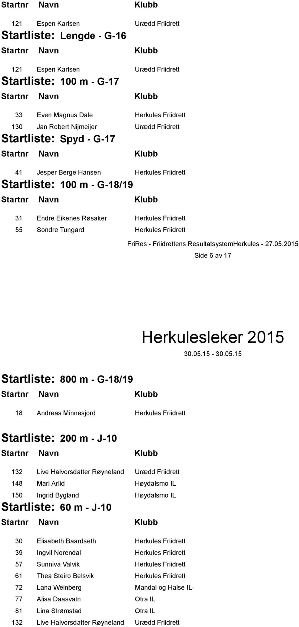 800 m - G-18/19 18 Andreas Minnesjord Herkules Friidrett Startliste: 200 m - J-10 132 Live Halvorsdatter Røyneland Urædd Friidrett 148 Mari Årlid Høydalsmo IL 150 Ingrid Bygland Høydalsmo IL