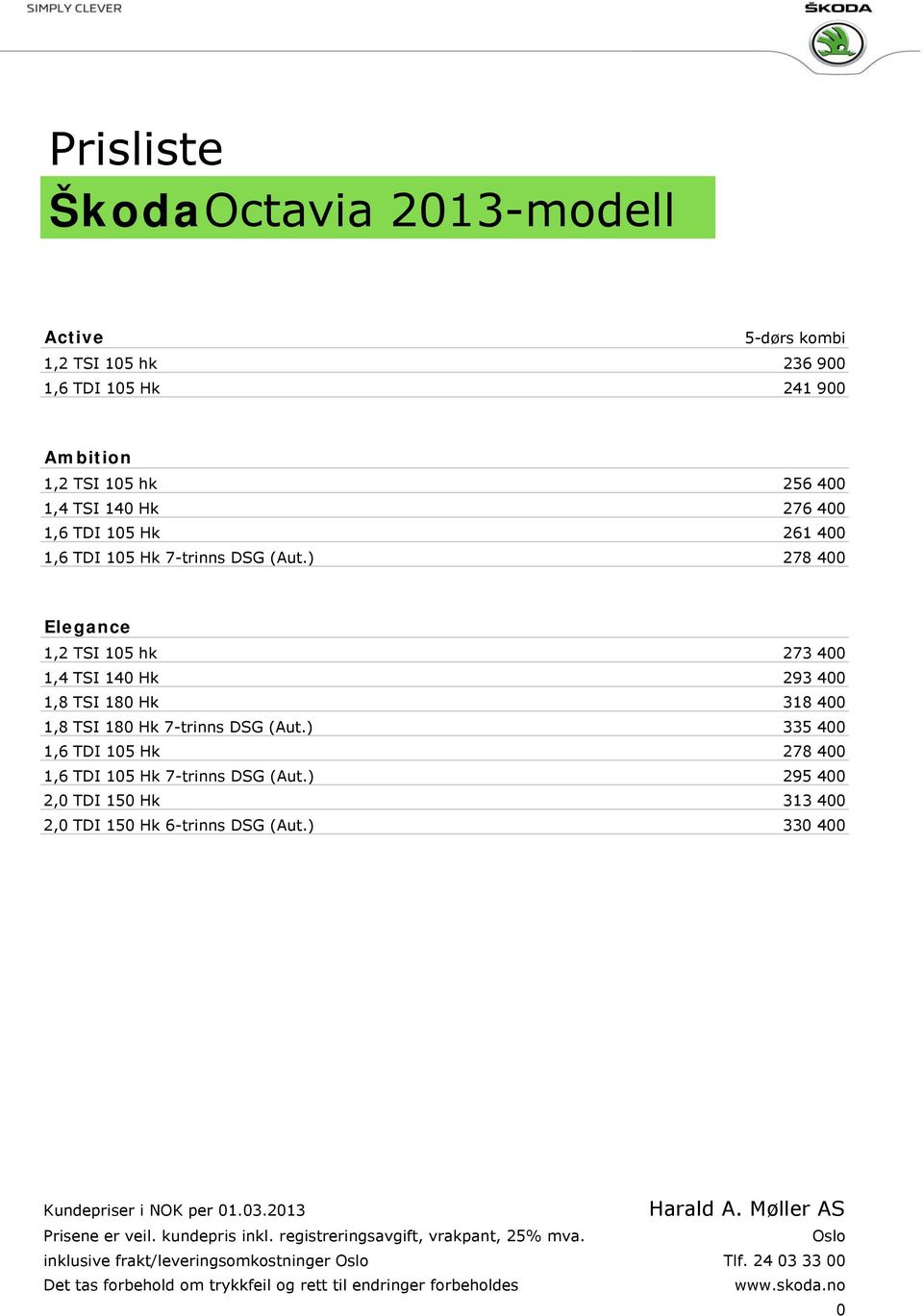 ) 335 400 1,6 TDI 105 Hk 278 400 1,6 TDI 105 Hk 7-trinns DSG (Aut.) 295 400 2,0 TDI 150 Hk 313 400 2,0 TDI 150 Hk 6-trinns DSG (Aut.) 330 400 Prisene er veil.