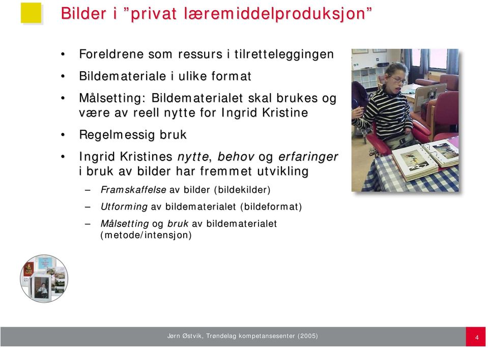 nytte, behov og erfaringer i bruk av bilder har fremmet utvikling Framskaffelse av bilder (bildekilder) Utforming av