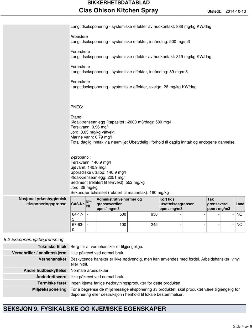 systemiske effekter, svelge: 26 mg/kg KW/dag PNEC: Etanol: Kloakkrenseanlegg (kapasitet >2000 m3/dag): 580 mg/l Ferskvann: 0,96 mg/l Jord: 0,63 mg/kg våtvekt Marine vann: 0,79 mg/l Total daglig