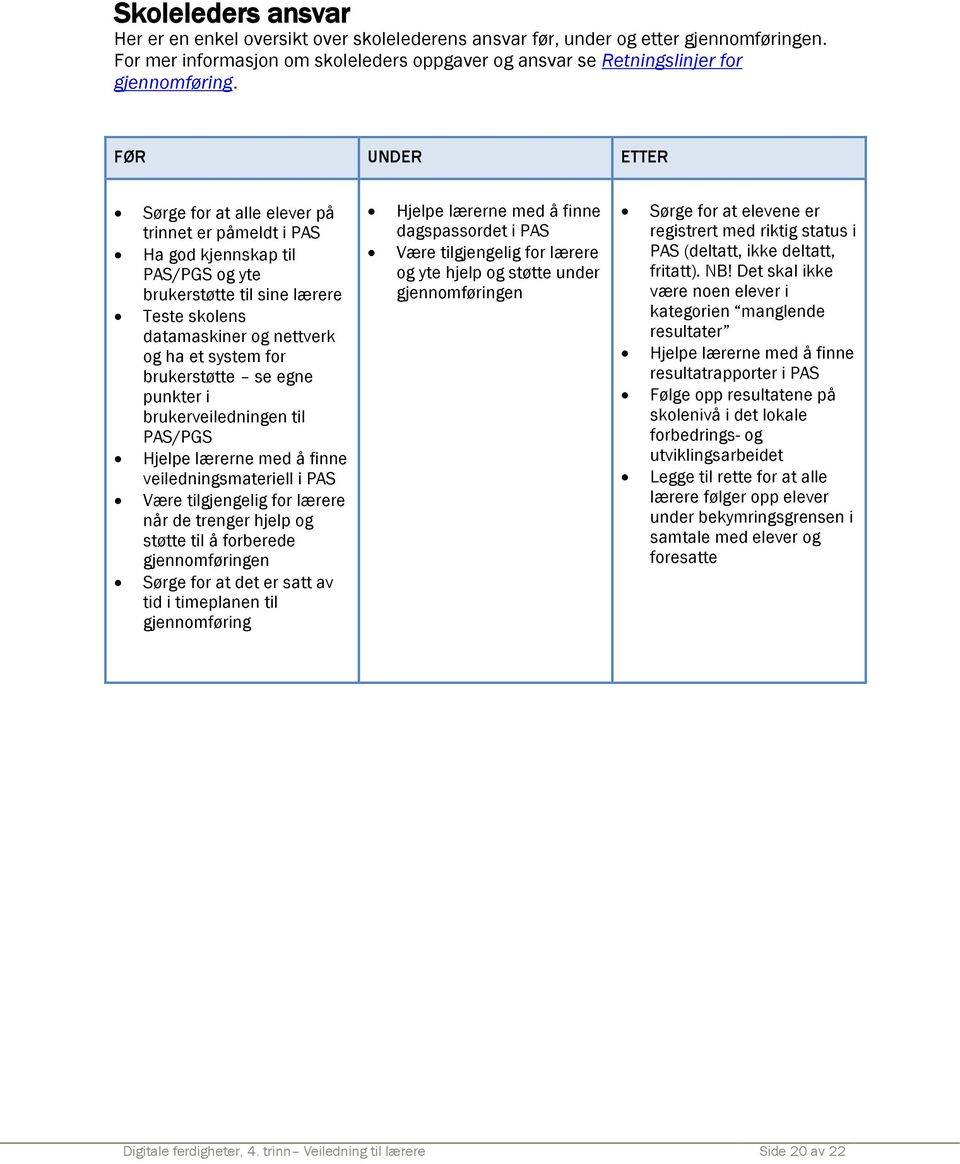 brukerstøtte se egne punkter i brukerveiledningen til PAS/PGS Hjelpe lærerne med å finne veiledningsmateriell i PAS Være tilgjengelig for lærere når de trenger hjelp og støtte til å forberede