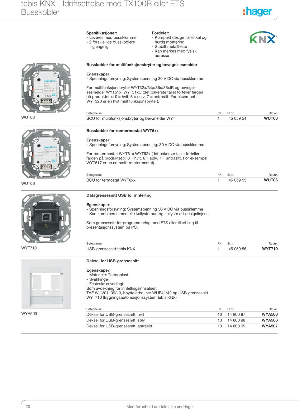 WYT32x/34x/36x/36xIR og bevegelsesmelder WYT51x, WYT51xC (det bakerste tallet forteller fargen på produktet x: 0 = hvit, 6 = sølv, 7 = antrasitt. For eksempel WYT320 er en hvit multifunksjonsbryter).