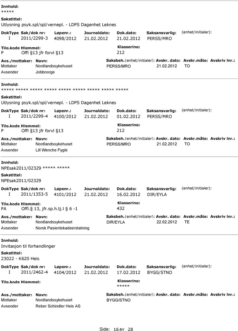 : ERSS/MRO TO Lill Wenche Fygle nnhold: NEsak2011/02329 NEsak2011/02329 2011/1353-5 4101/2012 16.02.2012 DR/EYLA A Offl. 13, jfr.sp.h.tj.l 6-1 432 Avs./mottaker: Navn: Saksbeh. Avskr. dato: Avskr.