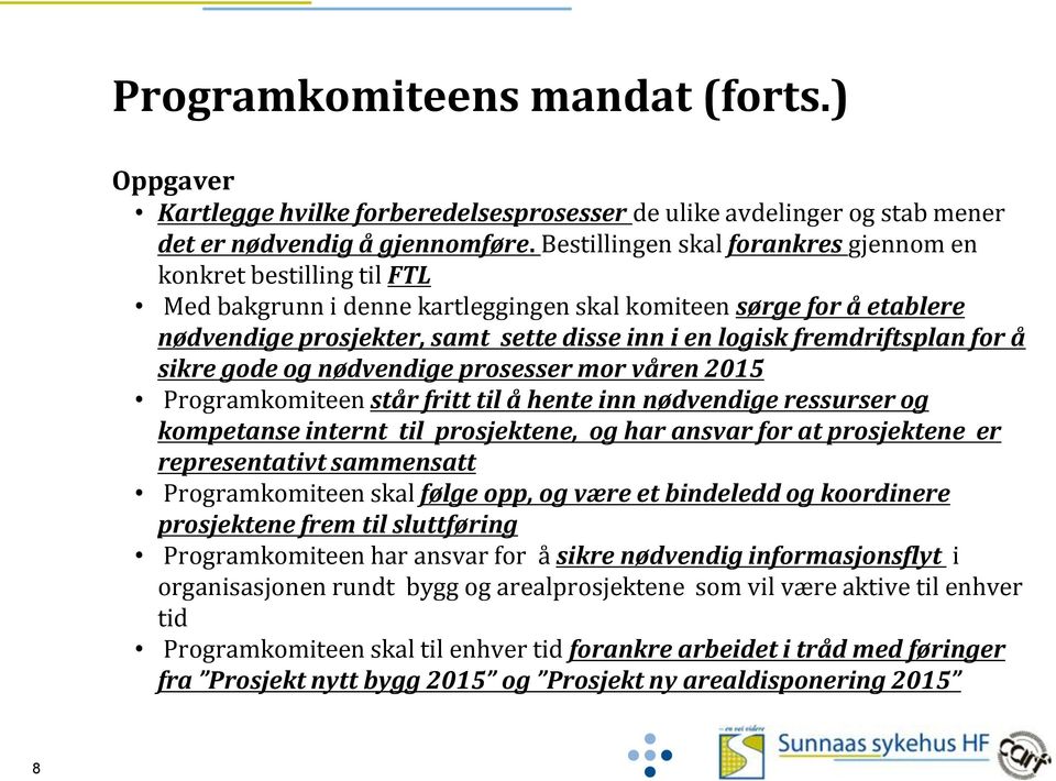 fremdriftsplan for å sikre gode og nødvendige prosesser mor våren 2015 Programkomiteen står fritt til å hente inn nødvendige ressurser og kompetanse internt til prosjektene, og har ansvar for at