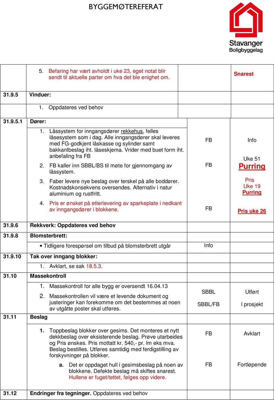 anbefaling fra 2. kaller inn /BS til møte for gjennomgang av låssystem. 3. Faber levere nye beslag over terskel på alle boddører. Kostnadskonsekvens oversendes.