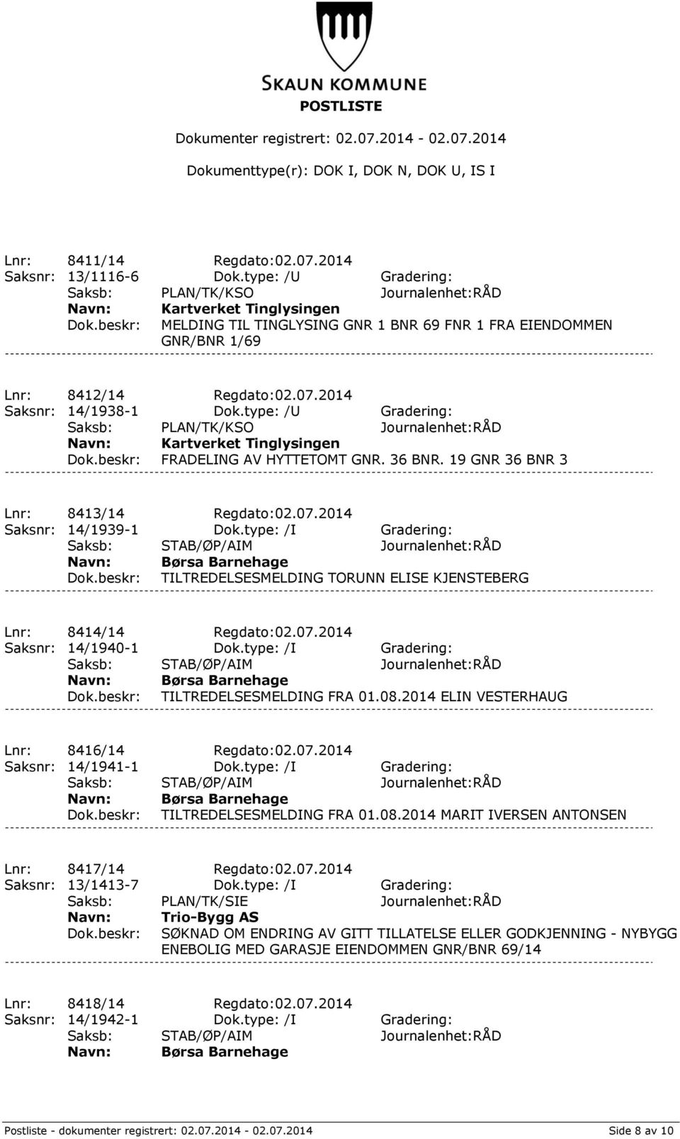 2014 Saksnr: 14/1938-1 Dok.type: /U Gradering: Saksb: PLAN/TK/KSO Journalenhet:RÅD Kartverket Tinglysingen FRADELING AV HYTTETOMT GNR. 36 BNR. 19 GNR 36 BNR 3 Lnr: 8413/14 Regdato:02.07.