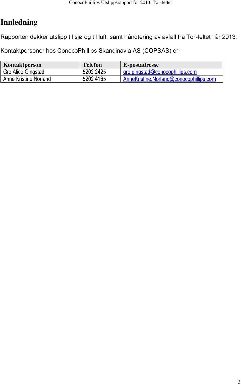 Kontaktpersoner hos ConocoPhillips Skandinavia AS (COPSAS) er: Kontaktperson Telefon
