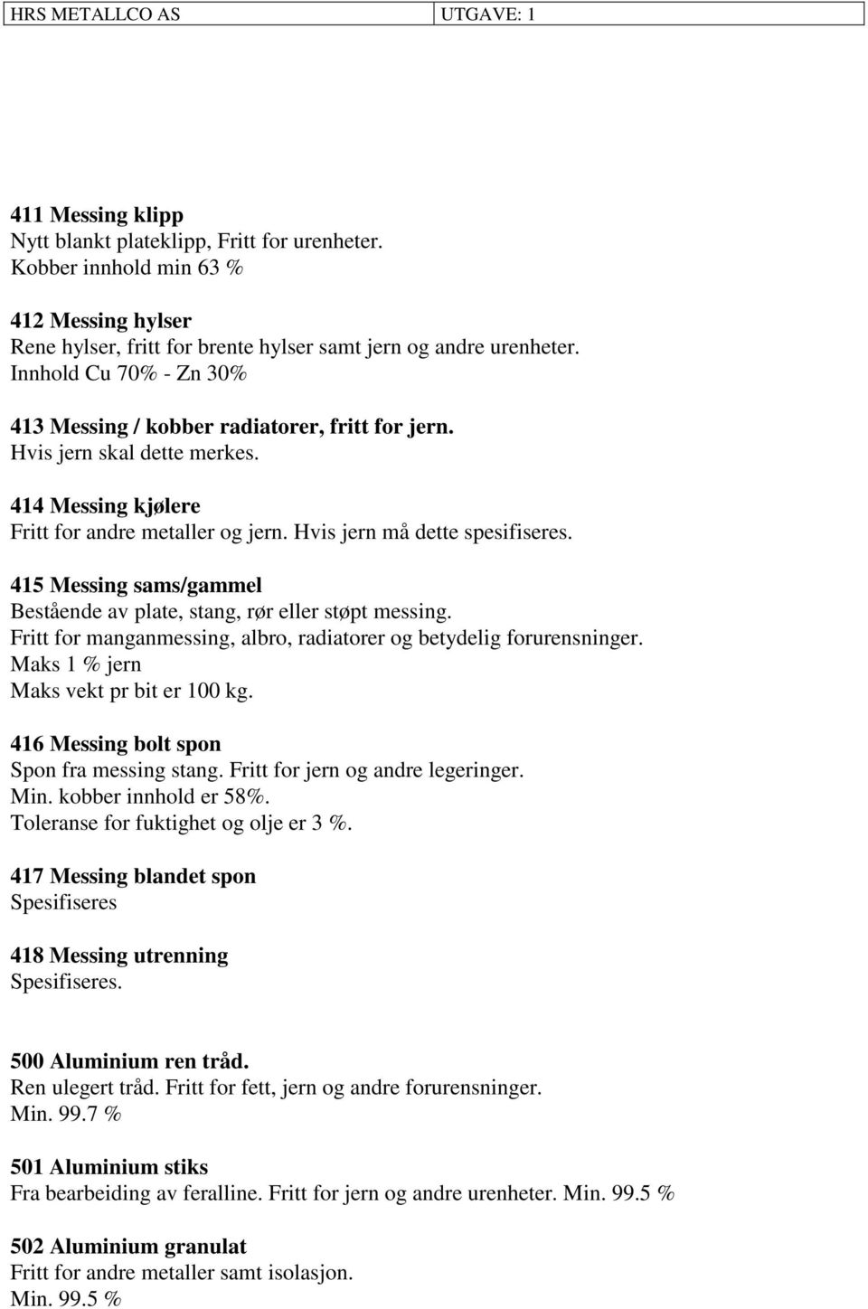 415 Messing sams/gammel Bestående av plate, stang, rør eller støpt messing. Fritt for manganmessing, albro, radiatorer og betydelig forurensninger. Maks 1 % jern Maks vekt pr bit er 100 kg.