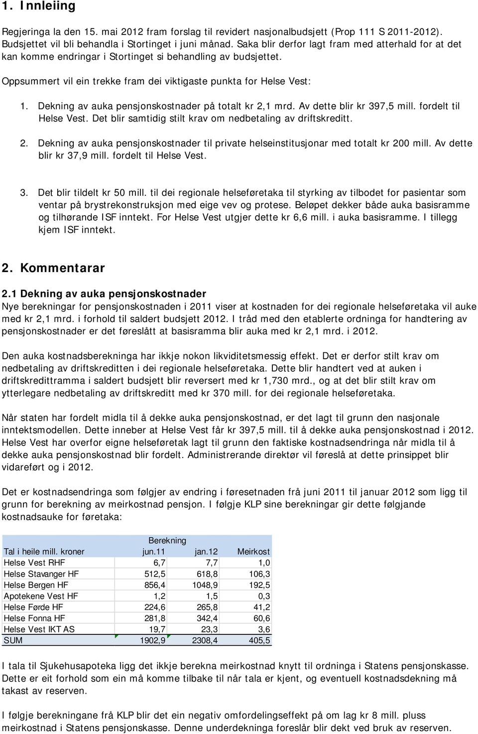 Dekning av auka pensjonskostnader på totalt kr 2,1 mrd. Av dette blir kr 397,5 mill. fordelt til Vest. Det blir samtidig stilt krav om nedbetaling av driftskreditt. 2. Dekning av auka pensjonskostnader til private helseinstitusjonar med totalt kr 200 mill.