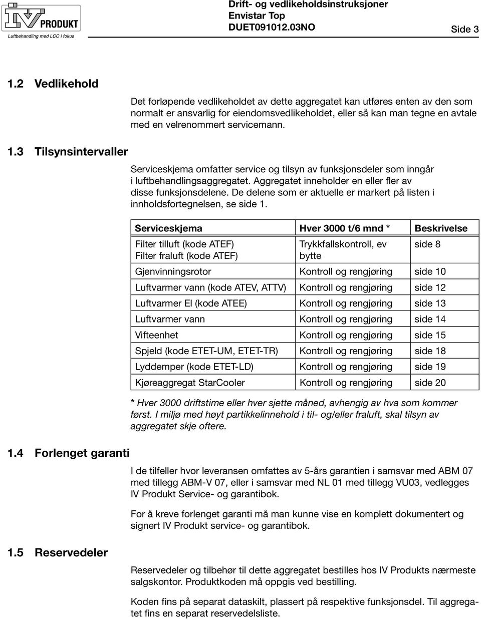 servicemann. 1.3 Tilsynsintervaller 1.4 Forlenget garanti Serviceskjema omfatter service og tilsyn av funksjonsdeler som inngår i luftbehandlingsaggregatet.